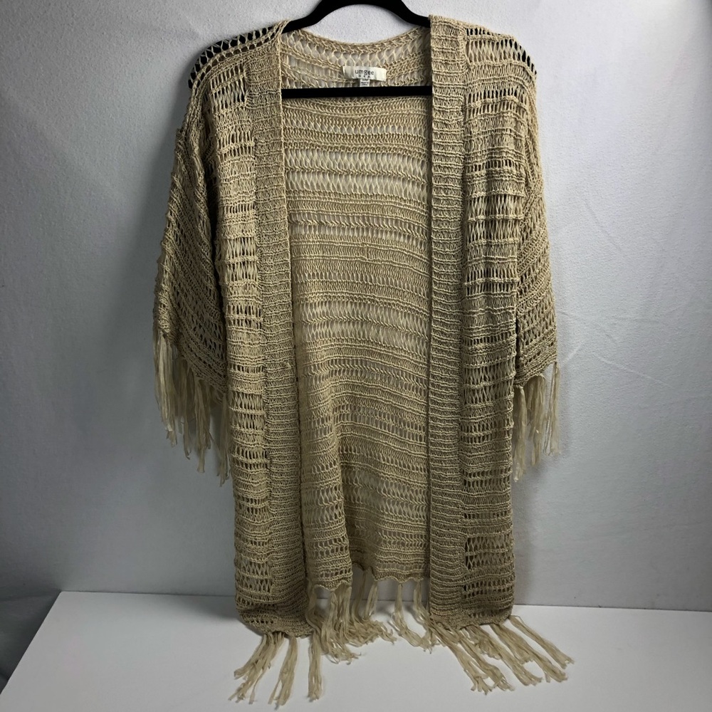 Umgee Anthropologie Tan Knit Crocheted Fringe Cardigan Women's S/M Boho‎ Sweater